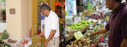 Inspector looking through farm stand fruits and vegetables